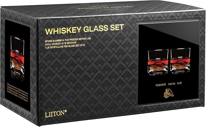 Yosemite Heavy Crystal Whiskey Glasses Gift Set of 2, Thick Freezable Bourbon Glass 1lb Each, Premium Whiskey Gifts for Men, Frozen Crystal Chills Cocktails, 10 oz-Ruum Studio Home