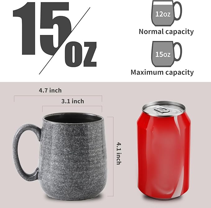 Hasense Dark Grey Coffee Mugs Set of 4, 12oz Ceramic Coffee Cups, Latte Mug with Large Handle for Coffee, Tea, Milk and Hot Cocoa,Easy Hold & Clean, Dishwasher & Microwave Safe-Ruum Studio Home