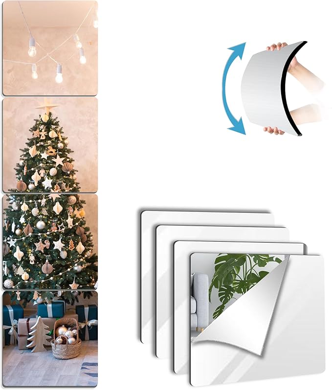 Unbreakable Wall Mirror Full Length,Over the Door Mirror for Bedroom,4Pcs 10inchx10inch Acrylic Mirror Kids,Shatterproof Plexiglass Long Mirrors,Children Non Glass Stick on Mirrors Tiles self adhesive-Ruum Studio Home