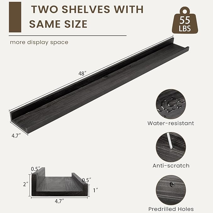 Floating Shelves for Wall, Picture Ledge Shelf 48 Inch Solid Wood Set of 2, Rustic Wall Shelves with Lip, Kids Bookshelf, Photo & Picture Live Edge Floating Shelves for Bedroom, Living Room, Kitchen-Ruum Studio Home