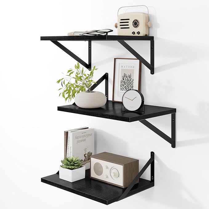Heimlove Deep Floating Shelves for Wall, 12 Inch Deep Floating Shelves Set of 3, 16W x 12D Wood Wall Shelves, Wide Wood Shelves with Metal Bracket for Living Room, Kitchen, Office, Bedroom - Black-Ruum Studio Home