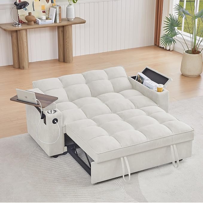 65''Convertible Sleeper Sofa Bed,3-in-1 Pull Out Couch Bed with 360 Degree rotatable Side Table and USB Ports for Living Room,RV (07beige)-Ruum Studio Home