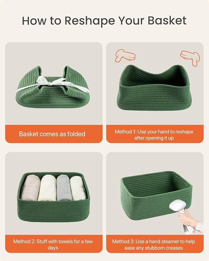 KALLAX Small Woven Basket, 12 x 8 x 4.5 Inches, Storage Basket for Organizing, Cute Small Rope Shelf Closet Cube Storage Bins Baskets for Shelves, Dog Toy Gift Baskets Empty, 3 Packs, Green-Ruum Studio Home