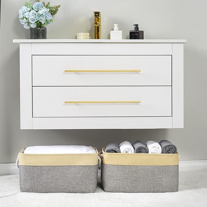 TheWarmHome Storage Basket for Organizing - 3 Pack 14x10x7 inch Large Collapsible Storage Bin for Shelves, Fabric Storage Cubes for Organizer ClosetCloth Gift Toy (Grey & Gold)-Ruum Studio Home