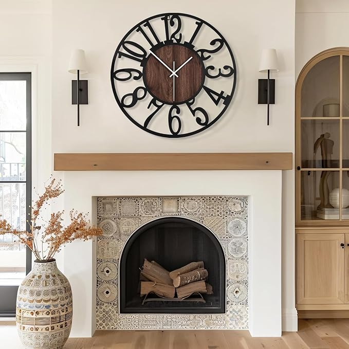 Maxstar Large Round Wall Clock for Living Room Decor Battery Operated Non Ticking Black Metal Wood Clocks for Home Living Room Garden Farmhouse Office Kitchen Decoration -24 inch-Ruum Studio Home