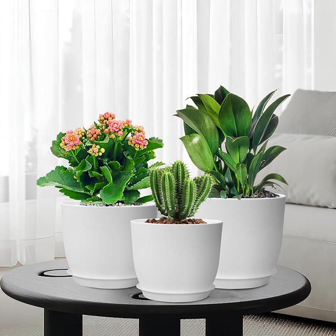 12/10/9 inch Large Plant Pots, 3 Pack Modern Decorative Plastic Planters with Drainage Holes and Saucers, Flower Pots for Indoor Outdoor Plants, White-Ruum Studio Home