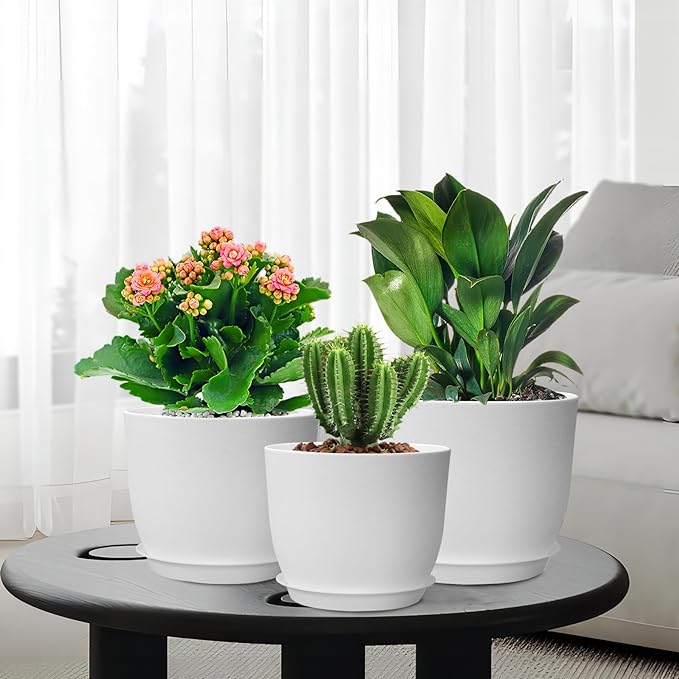 9/8/7.5 inch Flower Pots, Set of 3 Modern Decorative Plastic Planters with Drainage Holes and Saucers, Plant Pots for Indoor Outdoor Plants, White-Ruum Studio Home