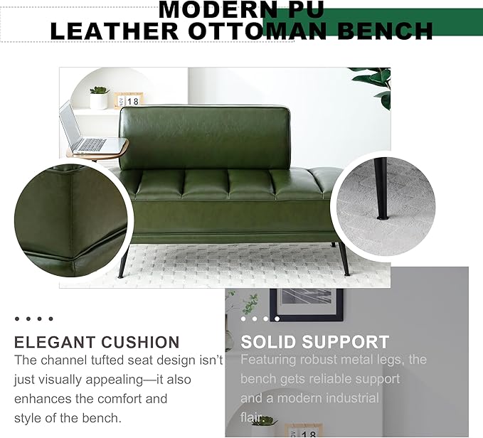 Sofa,Bed Bench,Small Spaces Furniture,Polyurethane Leather,Wood Frame,High Density Sponge Infillings,360-Degree Swivel Tray,Black Metal Leg (Green)-Ruum Studio Home