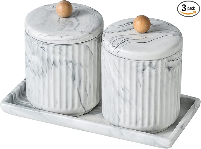 Marble Small Bathroom Jar Set ，Ceramic Cotton Swabs Holder with Lid and Dresser Organizer Set Tray for Storage and Organizing in Bathroom, Dresser, Kitchen, Office-Ruum Studio Home