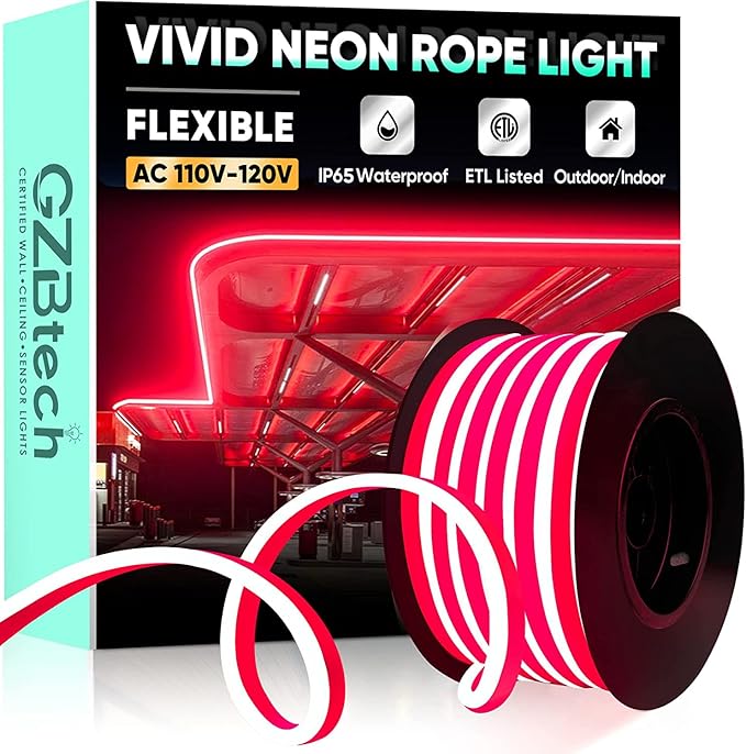 GZBtech Flexible LED Neon Rope Lights 33FT,AC 110-120V Waterproof Strip Light, 120 LEDs/M Cuttable Connectable Neon Lighting for Indoor Outdoor Home Decor/Commercial Building Use-Red 10M-Ruum Studio Home
