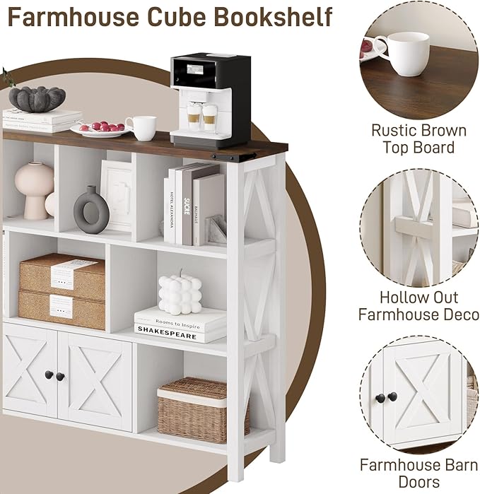 11 Cube Storage Organizer Bookshelf, Wooden Open Cube Shelf Bookcase, Farmhouse Display Book Shelf, 3 Tier Cube Bookshelves with Storage, Rustic White-Ruum Studio Home