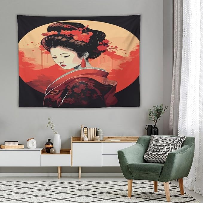 Japanese Woman Geisha Tapestry Asian Cherry Blossom Red Sun Traditional Kimono Folk Tapestries Home Decor for Living Room Bedroom Apartment Farmhouse Dorm 80"x60"-Ruum Studio Home