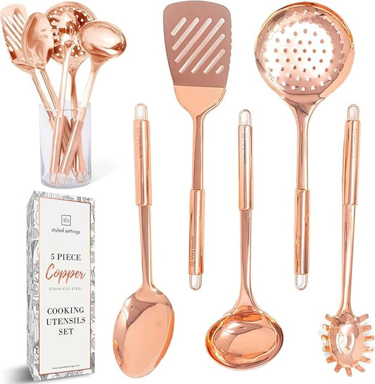 Copper Cooking Utensils Set – 5-Piece Rose Gold Stainless Steel Kitchen Tools for Cooking and Serving Includes Ladle, Spoon, Pasta Fork, Spatula, and Skimmer – Stylish Copper Kitchen Accessories-Ruum Studio Home