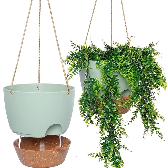 10 Inch Self Watering Hanging Pots, 2 Pack Hanging Planters with 40oZ Deep Reservior for Indoor Outdoor Plants Flowers, Green with Brown-Ruum Studio Home