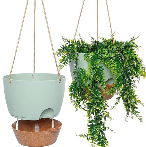 10 Inch Self Watering Hanging Pots, 2 Pack Hanging Planters with 40oZ Deep Reservior for Indoor Outdoor Plants Flowers, Green with Brown-Ruum Studio Home