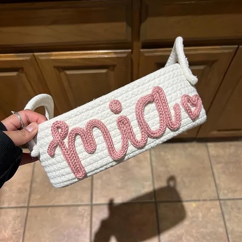 Personalized Baby Name Basket, Custom Woven Baby Shower Gift Basket with Cotton Rope Handle Baby Diaper Nursery Shelf Storage Basket Bin for Kids' Bedroom (Style 1)-Ruum Studio Home