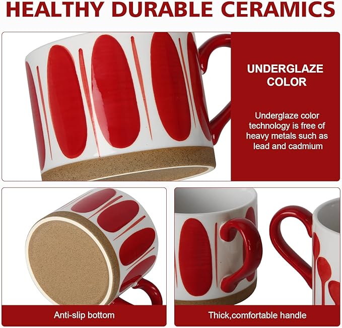 Koja Hand Painted 15 oz. Porcelain Ceramic Mugs Set. Service for 4. (Hand Painted - Red)-Ruum Studio Home