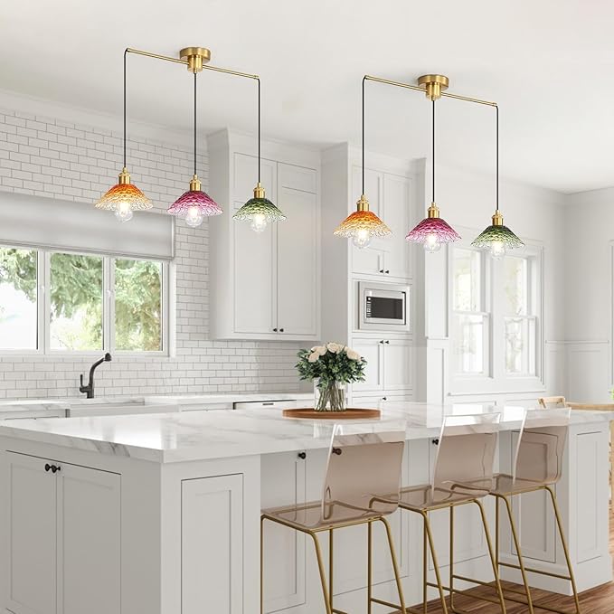 3-Light Pendant Lights Kitchen Island, Ceiling Hanging Lighting Fixtures, Colorful Vintage Glass Shade Pendants, Modern Gold Dining Room Chandeliers Height Adjustable for Farmhouse Living Room-Ruum Studio Home