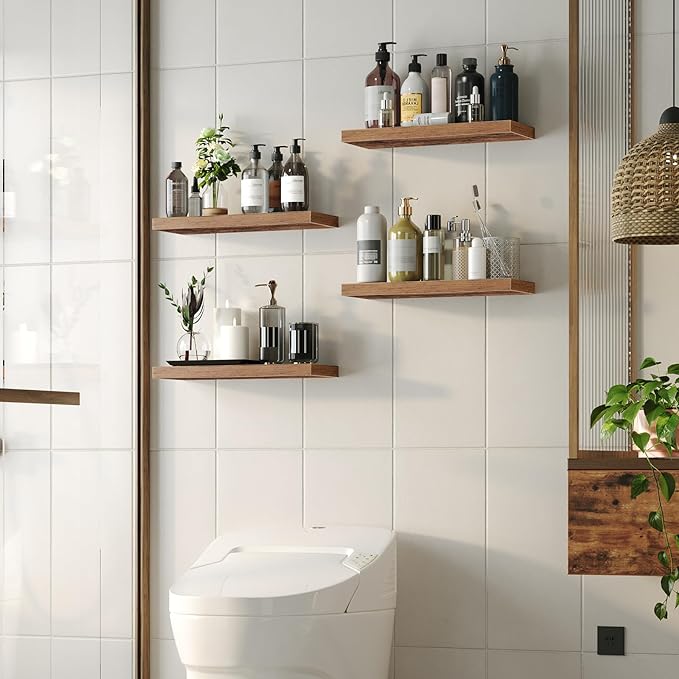 HOOBRO Floating Shelves for Wall, Wall Mounted Shelf Set of 2, 23.6" Hanging Shelf with Invisible Brackets, for Wall in Bathroom, Bedroom, Toilet, Kitchen, Living Room, Office, Rustic Brown BF60BJ01-Ruum Studio Home