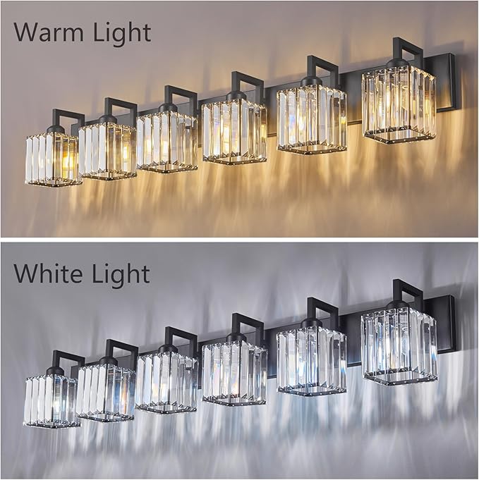 Modern Crystal Bathroom Vanity Light 6-Lights Black Modern Crystal Wall Lamp Bathroom Modern Crystal Vanity Lighting-Ruum Studio Home