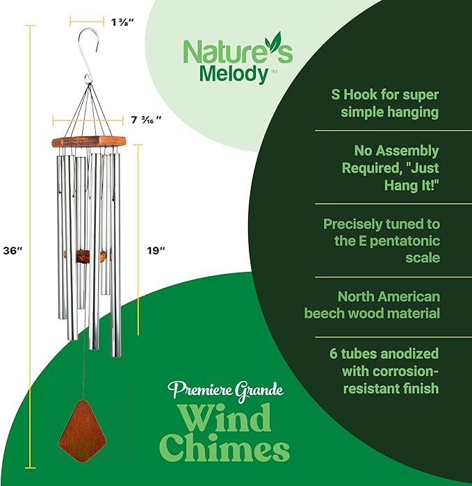 Nature’s Melody Premiere Grande Tunes Wind Chimes – Outdoor Windchime with 6 Tubes Tuned to E Pentatonic Scale, Rustproof Aluminum, Beech Wood & S Hook Hanger for Sympathy, Memorial Gift or Zen Garden-Ruum Studio Home