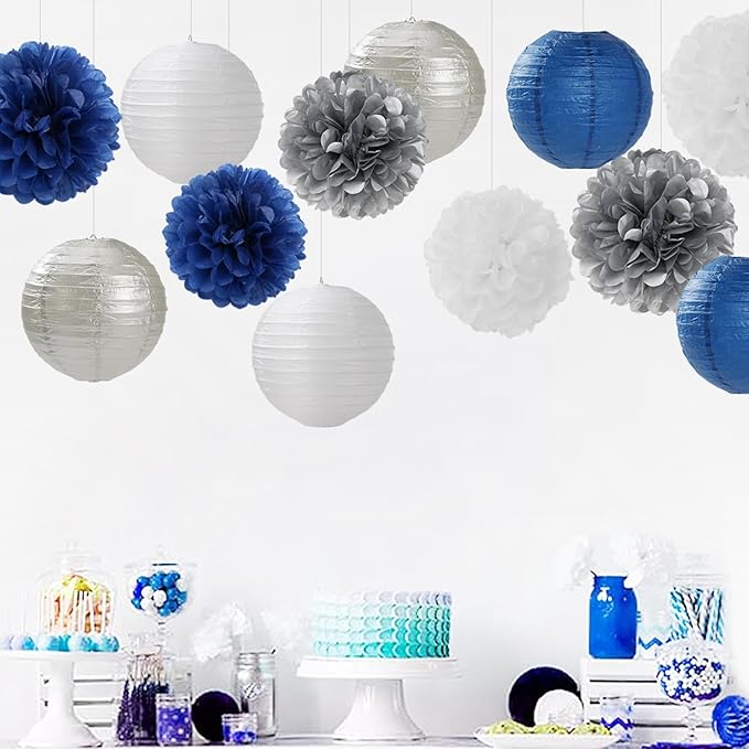 Navy-Blue Silver Party-Decorations Paper-Flowers Lanterns - 15PCS Birthday Royal White Wedding Tissue Pom Poms Streamers,Baby Bridal Shower Bachelorette Graduation Hanging Supplies Decor Hugfond-Ruum Studio Home