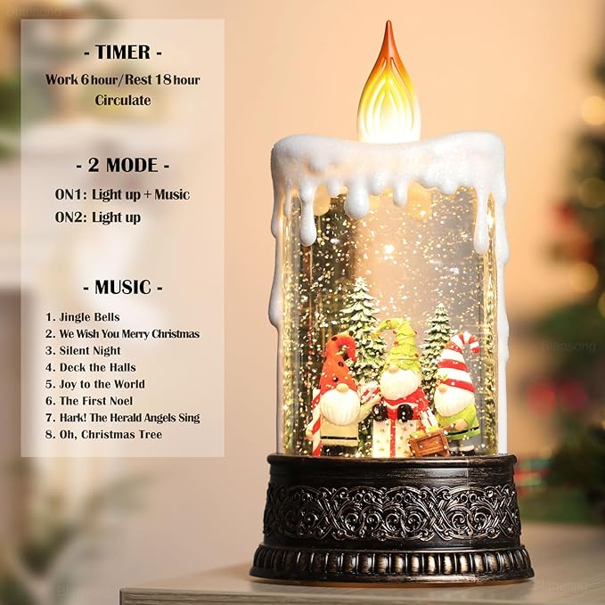 Gnome Snow Globe Candle Christmas Decorations Gifts Auto Snowfall Glitter Music Collection with 6H Timer USB/Battery Powered 9.7 inch-Ruum Studio Home