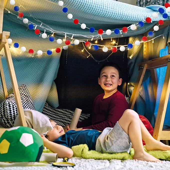 Jishi Pom Pom Garland 4th of July Decorations, Patriotic Red White Blue Felt Ball Garland, 3-Pack 6.6ft Long 24 Cute Pompom Balls String, Christmas Tree Decor Ornaments for Home Birthday Holiday Party-Ruum Studio Home