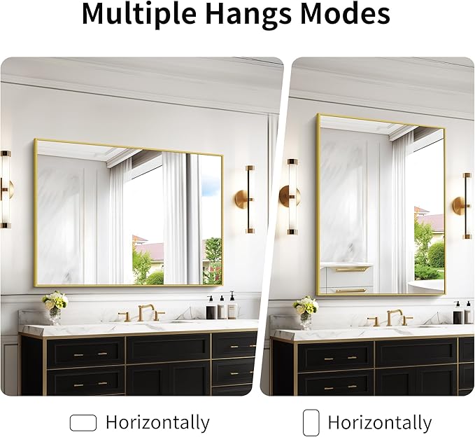 36x48inch Bathroom Mirror, Gold Rectangle Mirror with Thin Metal Frame, Large Rectangular Wall Mirrors for Bathroom, Living Room, Hair Salon, Big Farmhouse Mirror Hang Horizontal/Vertical-Ruum Studio Home