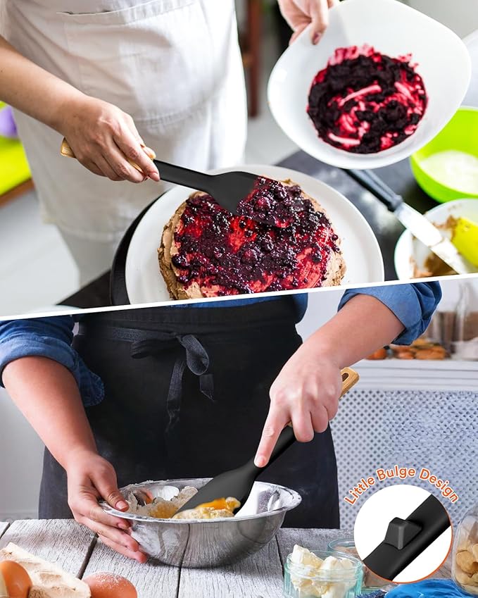 Cooking Spoon and Scraper for Nonstick Cookwares, Great for Cooking and Serving Durable BPA-Free Matte Silicone, Wood Handle Multifunction Spoon for Mixing, Scoop, and Scrape (BLACK)-Ruum Studio Home