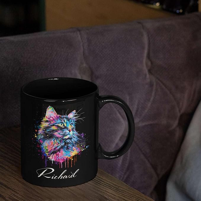 Customized Cat Ceramic Mug, Gift For Cat Pet Owner, Personalized Cat Lover Coffee Cup, Colorful Cat Design Mug For Birthday, Custom Name Cat Animal Black Cup, Unique Cat Mug 11oz 15oz-Ruum Studio Home