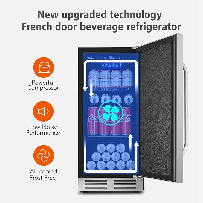 15 Inch Outdoor Beverage Refrigerator Cooler,Stainless Steel 127 Cans Beverage Fridge with French Door Under Counter Built-in or Freestanding, Perfect for Beer, Cola-Ruum Studio Home