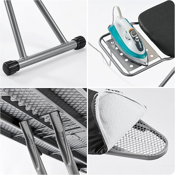 Ironing Board, Heat Resistant Cover Iron Board with Steam Rest, Non-Slip Foldable Ironing Stand. Heavy Sturdy Metal Frame Legs Iron Stand(13 * 34 * 53 Inches) (Silver Black)-Ruum Studio Home