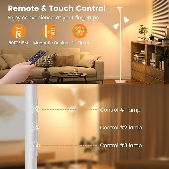 36W LED Tree Floor Lamp, Dimmable Tall Standing Lamp with Remote & Touch Control, 4 Color Temperatures Bright Floor Lamp, 3 Rotatable Light Modern Floor Lamps (White)-Ruum Studio Home