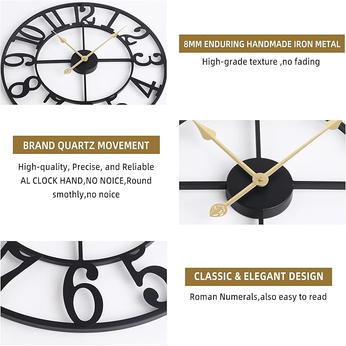 Large Wall Clock for Living Room Decor - 60cm/ 24 Inches Silent Non-Ticking Metal Wall Clocks Battery Operated, Vintage Decorative Modern Wall Clock for Bedroom, Office, Farmhouse Decor-Ruum Studio Home