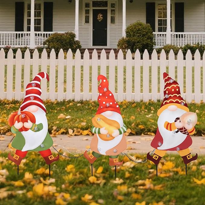 WONDER GARDEN 3 PCS Fall Yard Sign Metal Gnomes Decorative Garden Stakes with Led Lights Autumn Harvest Pumpkin Thanksgiving Garden Lawn Porch Patio Decorations Outdoor-Ruum Studio Home