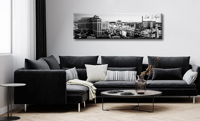 Las Vegas Skyline Wall Art for Living Room American Cityscape Canvas Prints Black and White City Bellagio Fountain Skyscraper Night View Panoramic Pictures Modern Building Poster Framed 13.8"X47.3"-Ruum Studio Home