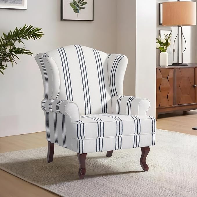 Accent Chair, High Back Upholstered Armchair with High Resilience Sponge & Wood Legs, Mid-Century Modern Comfy Single Sofa Reading Chairs for Living Room, Bedroom (Stripe Navy, Set of 1)-Ruum Studio Home