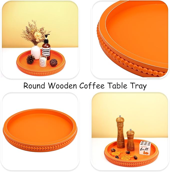 Round Orange Wood Serving Tray with Beads, Wooden Decorative Tray for Entertaining, Decoration, and Gifting,-Ruum Studio Home