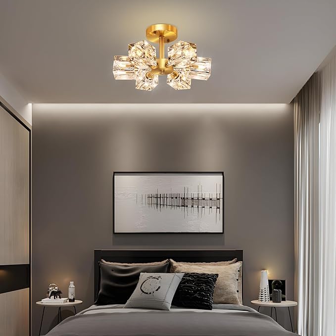 Semi Flush Mount Ceiling Light Fixture Modern 6 Lights Gold Crystal Chandelier,Brushed Nickel Sputnik Chandeliers for Hallway Entryway Bedroom Dining Room Farmhouse Kitchen Office-Ruum Studio Home