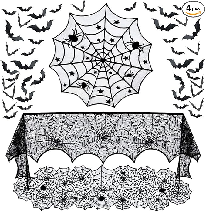Hommtina 4 Pack Halloween Decorations Tablecloth Runner Black Lace Round Spider Cobweb Table Cover Fireplace Mantel Scarf Spiderweb with 60 Pcs 3D PVC Scary Black Bat Sticker Halloween Party Supplies-Ruum Studio Home