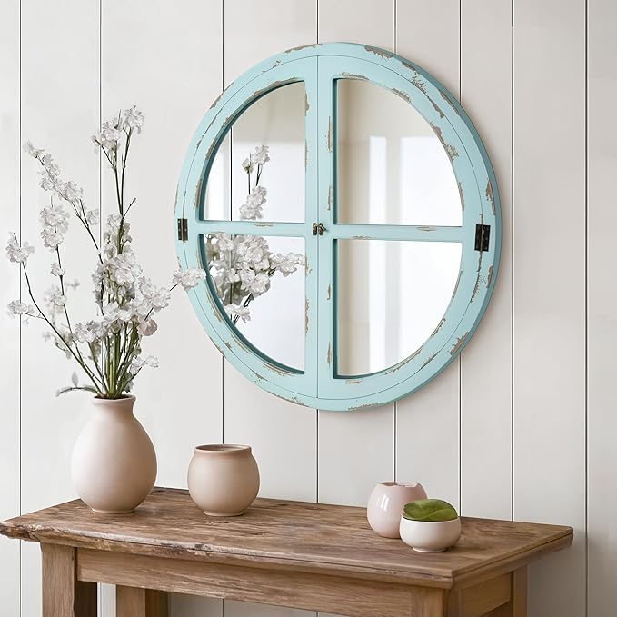 30" Round Window Mirror, Vintage Coastal Wall Mirror with Distressed Blue Wood Frame & Faux Windowpanes, Farmhouse Cottagecore Decor for Living Room, Entryway, or Dining Room-Ruum Studio Home