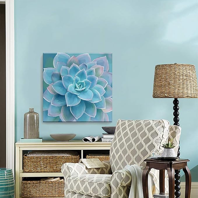Wall Decor for Bedroom Canvas Artwork Blue-Green Succulents Prints Pictures Wall Art for Living Room Hanging Plants for Bedroom Decor Modern Popular Wall Decorations Blue-Green Flower Size 20x20-Ruum Studio Home