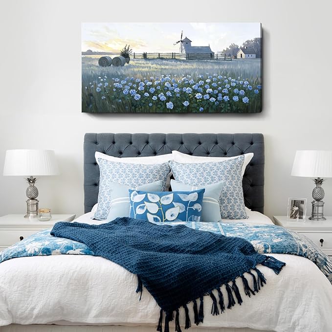 amatop Oversized Farmhouse Wall Art – Botanical Picture Flower Blue Rose & Windmill Countryside Scene Canvas Print, Large Floral Landscape Artwork Decor for Living Room Dining Room Hallway 58x29 Inch-Ruum Studio Home