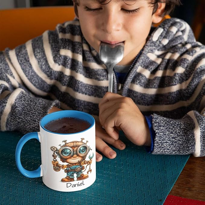 Personalized Tech Enthusiast Coffee Cup 11oz 15oz, Customized Steampunk Character Design Ceramic Mug, Unique Custom Name Mug Gift For Engineer, Kid Cup, Cute Mechanic White Cup-Ruum Studio Home