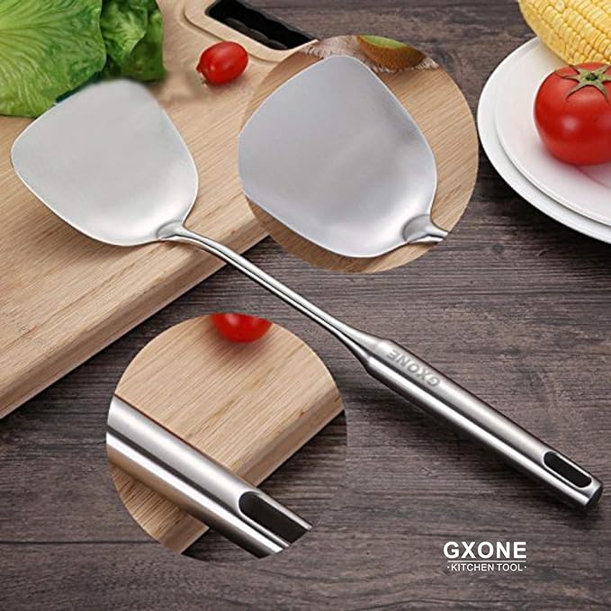 Wok Spatula Stainless Steel, Wide Metal Spatula with Hollow Long Handle Wok Utensils,Silver/14.7Inch-Ruum Studio Home