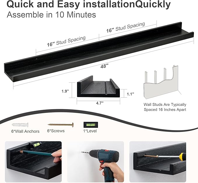 Floating Picture Ledge Shelves 48 Inch Solid Oak Wood Set of 2, Rustic Wall Storage Shelves with Lip, Kids Bookshelf, Photo & Picture Ledge Shelves for Bedroom, Living Room, Kitchen-Ruum Studio Home