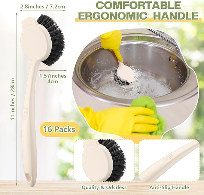 16 Pack Dish Brush with Handle Dish Scrubber Brush with Built-in Scraper Kitchen Scrub with Stiff Bristles Long Scrubber for Home Restaurant Pot Sink Washing Cleaning Supplies, Beige-Ruum Studio Home