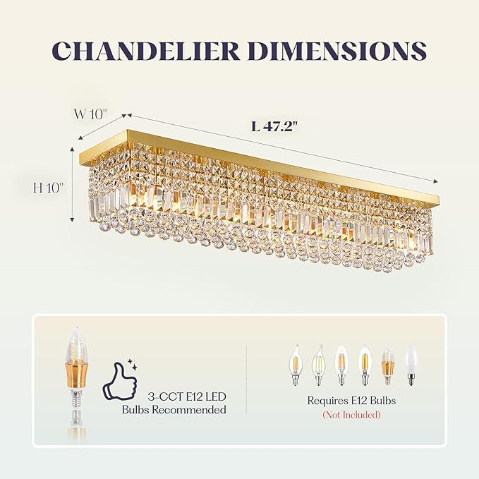 10 Lights Gold Flush Mount Rectangle Chandelier, Modern K9 Crystal Chandeliers Light Fixture Rectangular Raindrop Chandelier Pendant Island Light for Living Dining Room Kitchen Bar L47 Inch-Ruum Studio Home