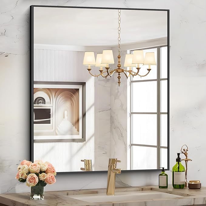 Black Bathroom Mirror for Wall, 30x36 Inch Rectangle With Metal Frame, Modern Vanity for Bathroom Living Room, Entryway Hangs Horizontal or Vertical-Ruum Studio Home